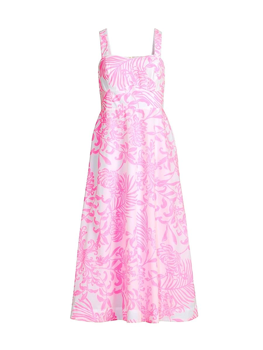 Women's Palm Print Poplin Midi-Dress - Rousseau Pink - Size 12