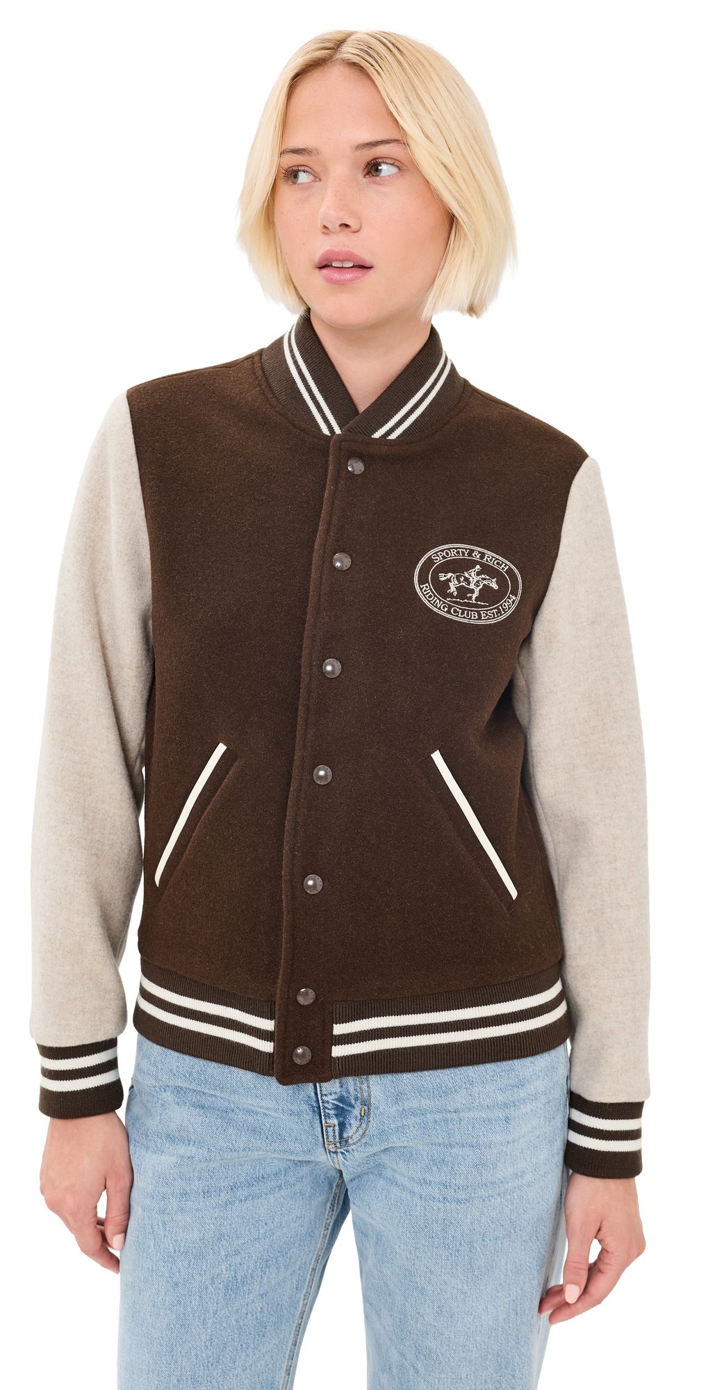 Sporty & Rich Diana Riding Club Wool Varsity Jacket Chocolate/Heather Oatmeal S
