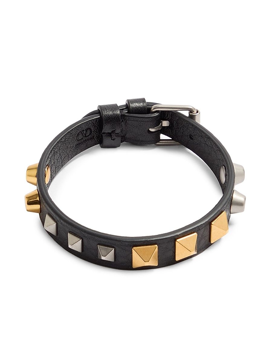 Men's Rockstud Bracelet in Grainy Calfskin with a Mix of Studs - Black