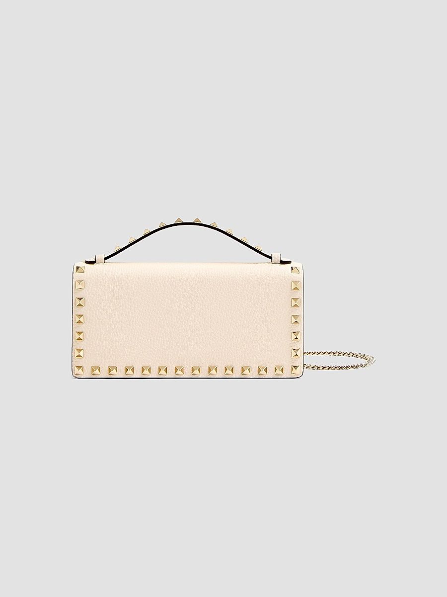 Valentino Women's Rockstud Wallet with Chain in Grainy Calfskin - Light Ivory