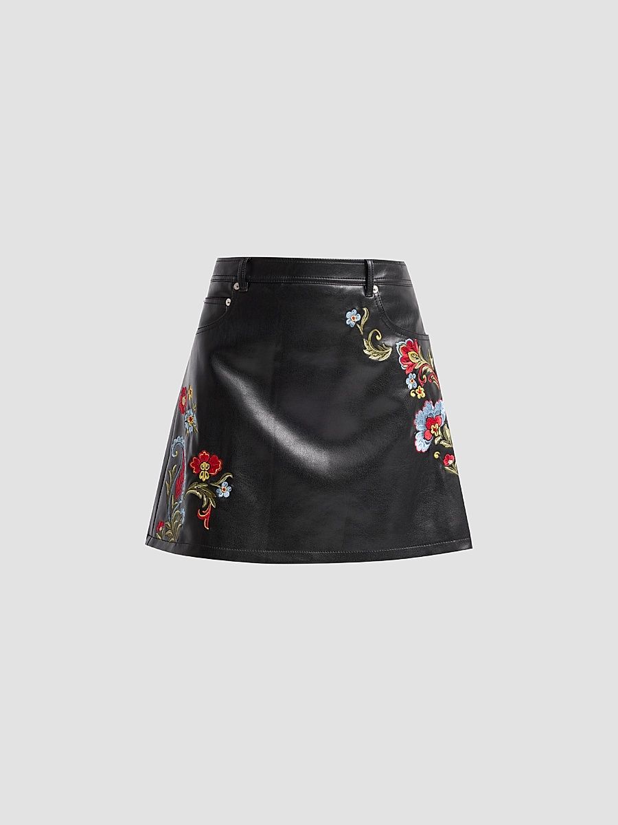 Women's Keke Floral Embroidered Faux Leather Mini Skirt - Black Multi - Size 16