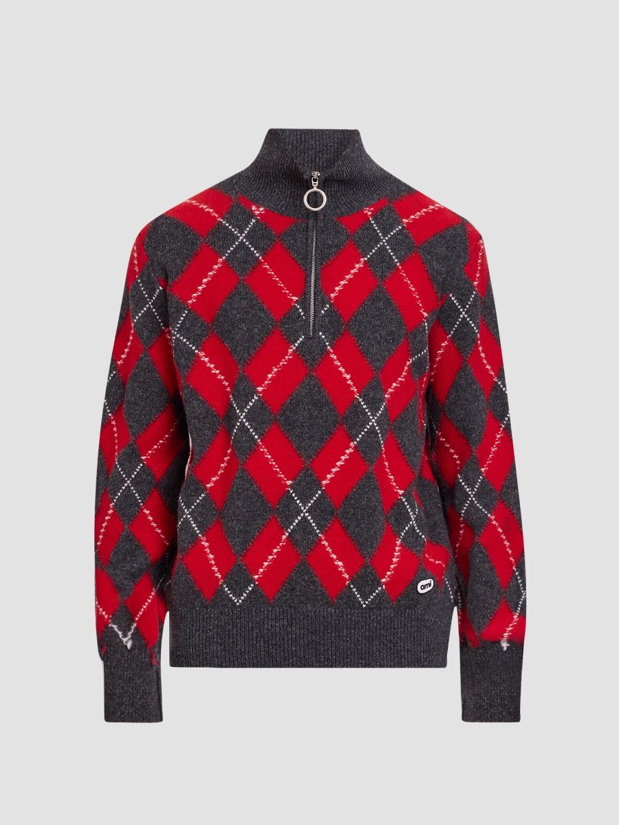 AMI Paris Men's Argyle Shetland Wool Sweater - Gris Carbone Rubis - Size Large