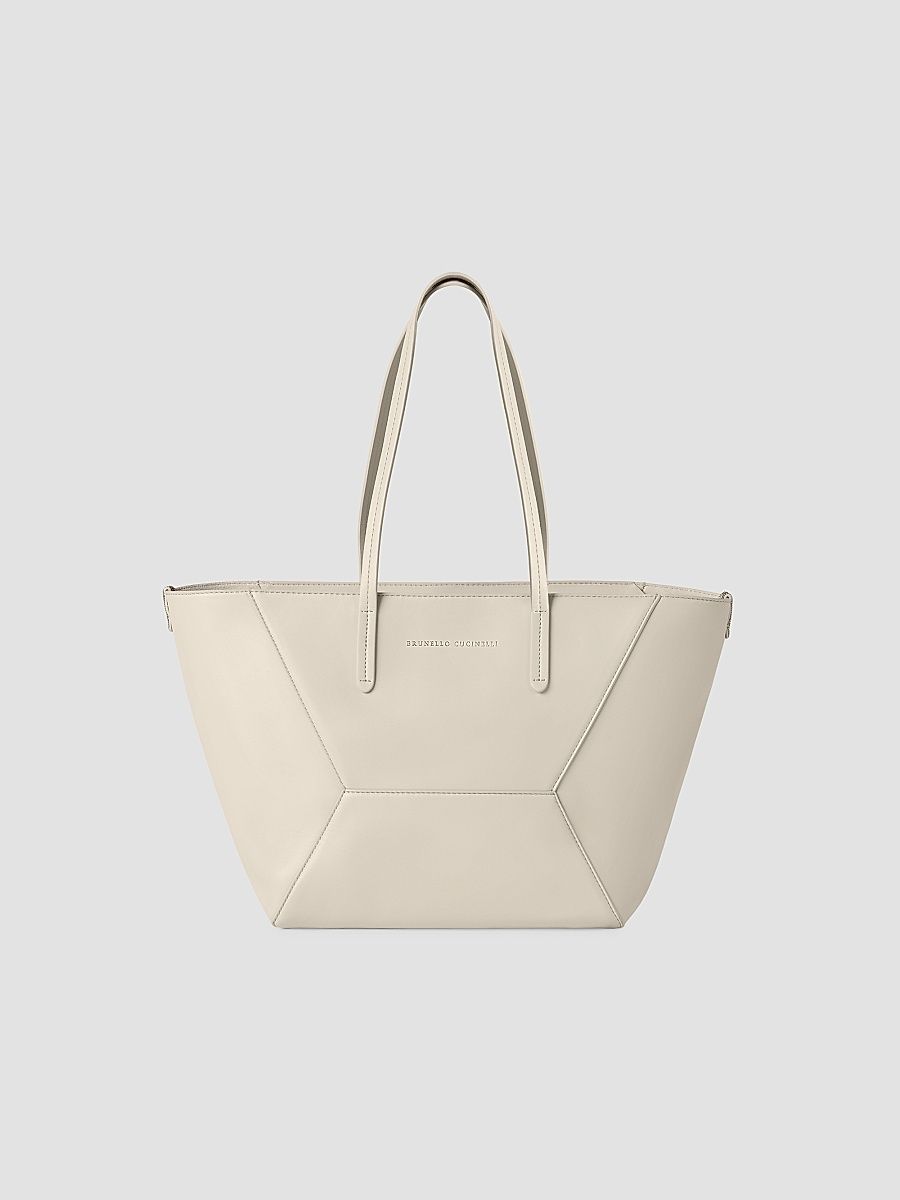 Women's Duo Small Tote Bag in Calfskin with Monili - Ivory