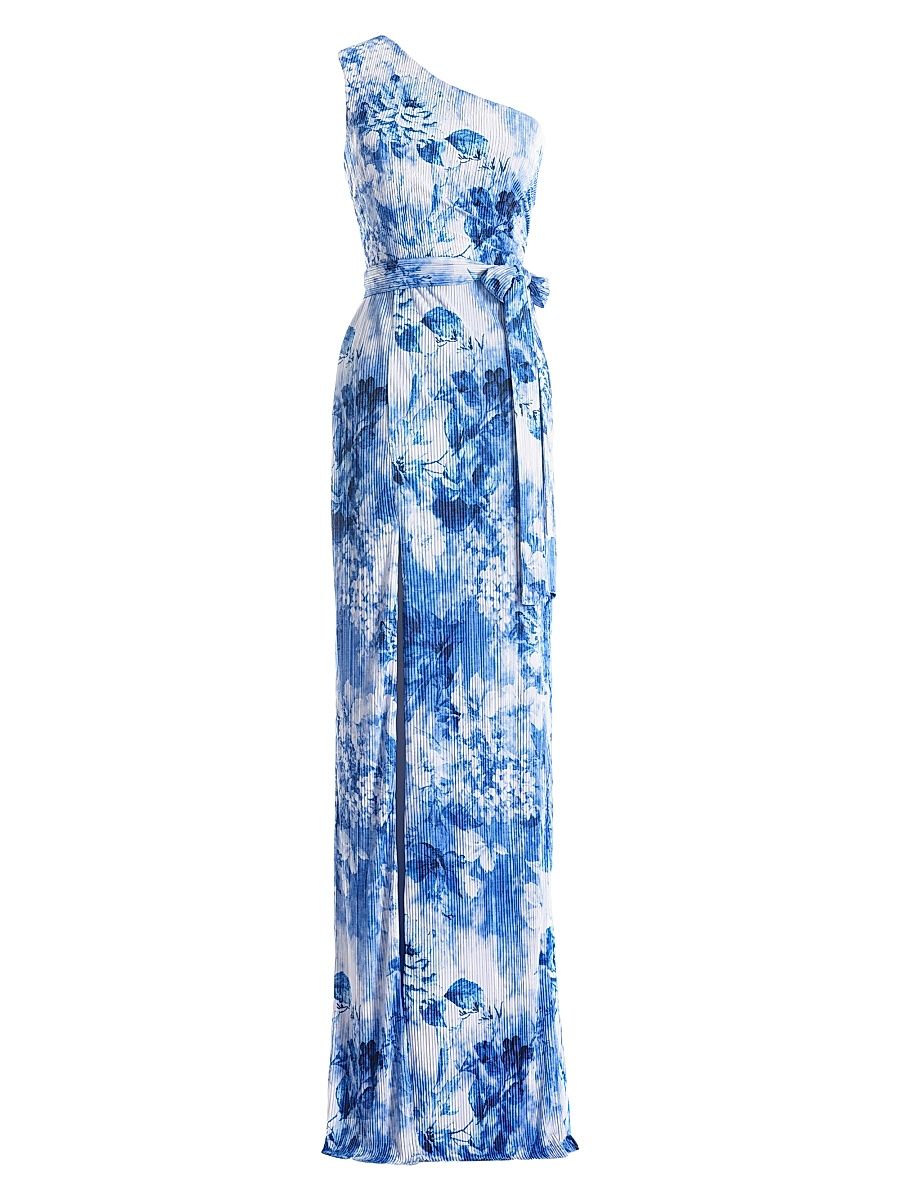 Women's Bella Floral Plissé One-Shoulder Body-Con Maxi Dress - Cerulean Blue Multi - Size XXL