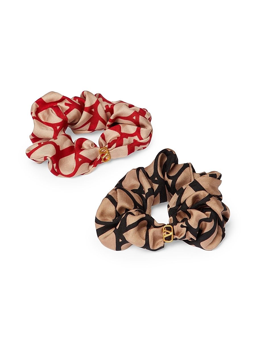 Women's Toile Iconographe Scrunchies Set in Silk with VLogo Applique - Beige Black And Beige Red