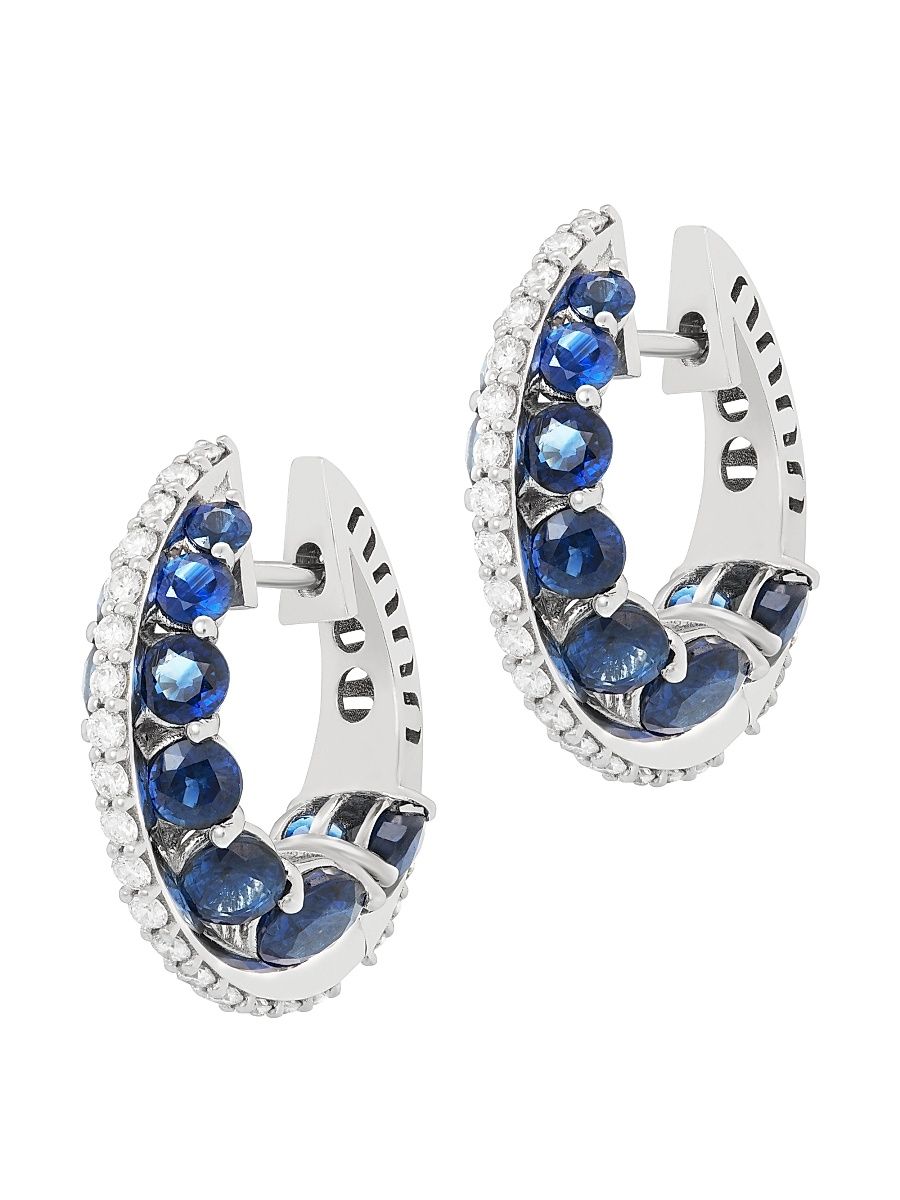 Women's Procida 18K White Gold, Diamond & Blue Sapphire Crescent Hoops - White Gold