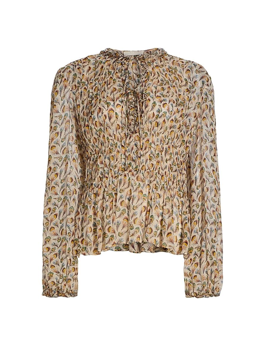 Women's Robbie Feather-Print Silk Tie-Front Blouse - Swan - Size 4