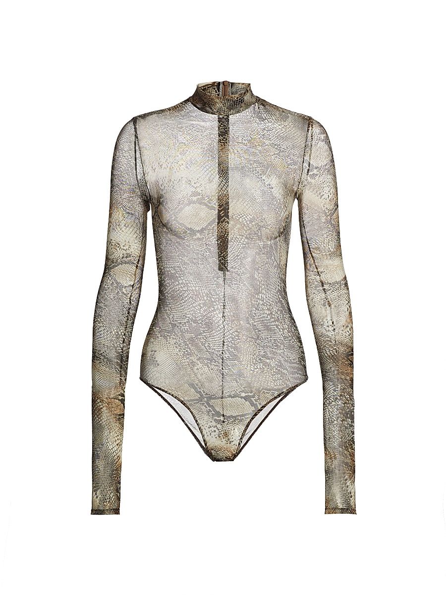 Women's Printed Mesh Sheer Bodysuit - Snake Print - Size XL