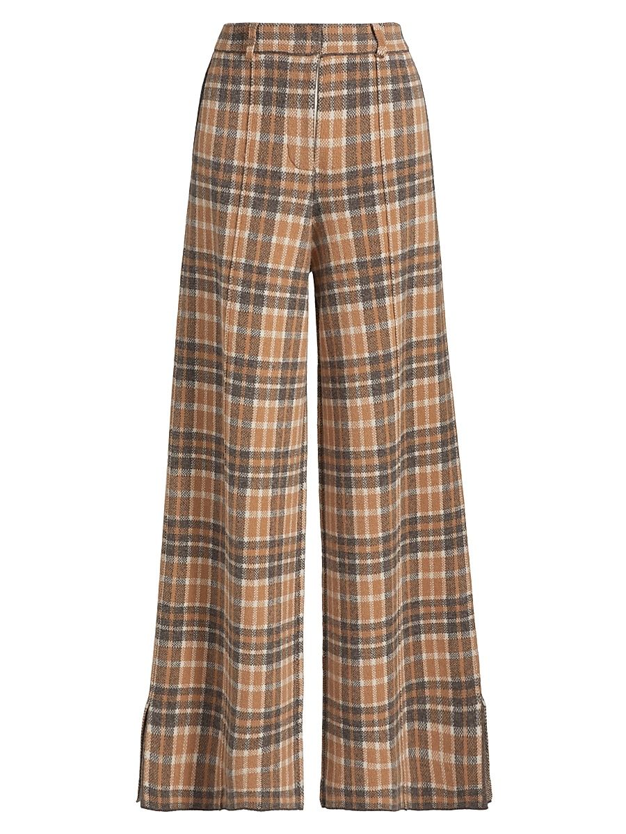 Women's Luxe Plaid Jacquard Wool Trousers - Camel Combo - Size Small