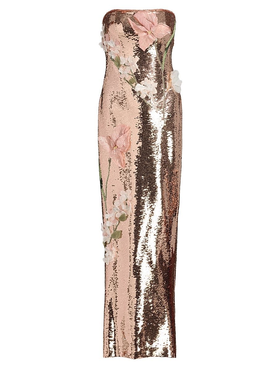 Women's Sequined Floral Embroidered Column Gown - Rose Gold - Size 10