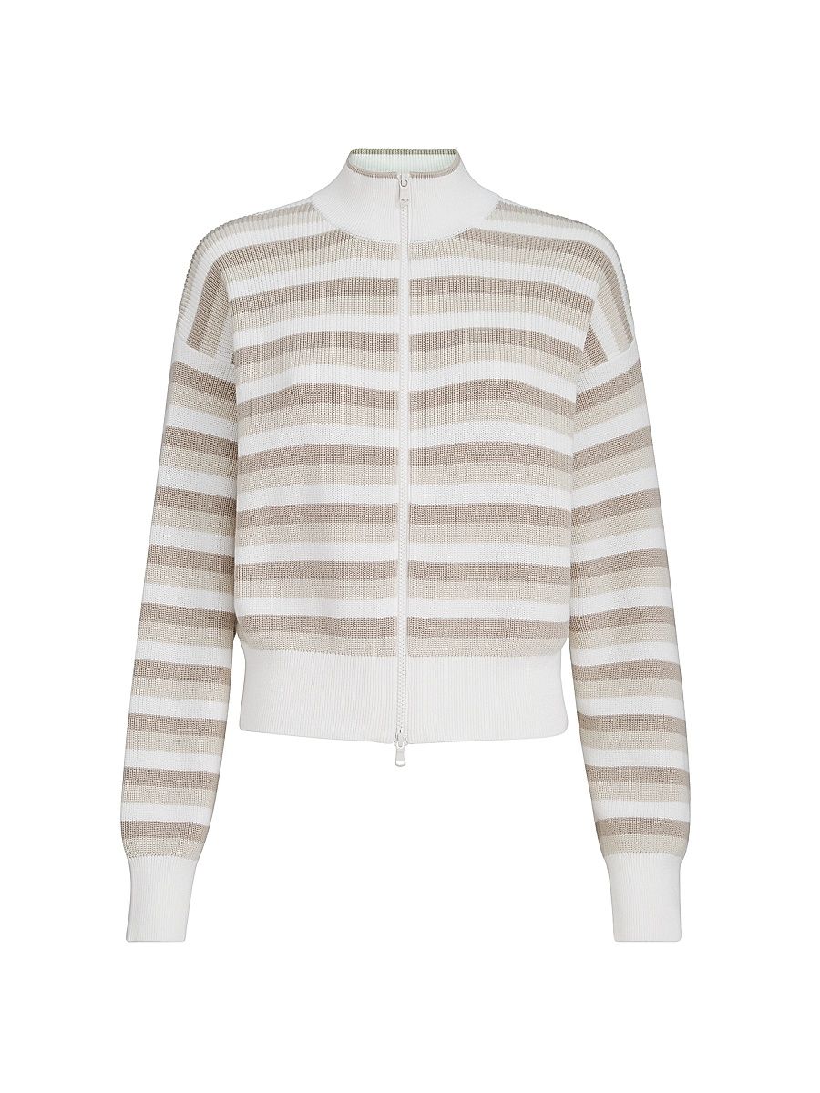 Women's Rib Knit Cotton Cardigan with Stripes - Beige - Size XXS