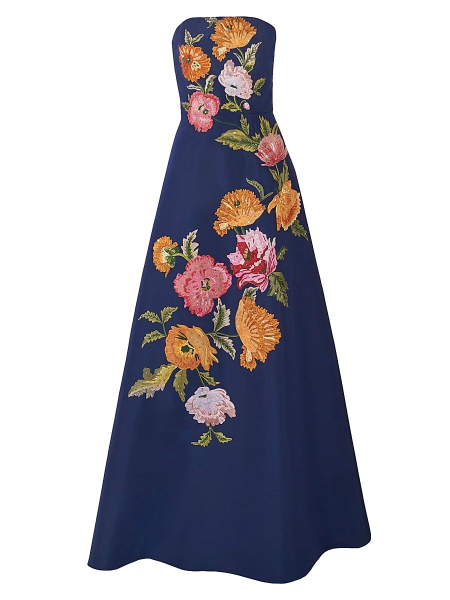 Women's Floral-Embroidered Silk Strapless Gown - Midnight Multi - Size 8