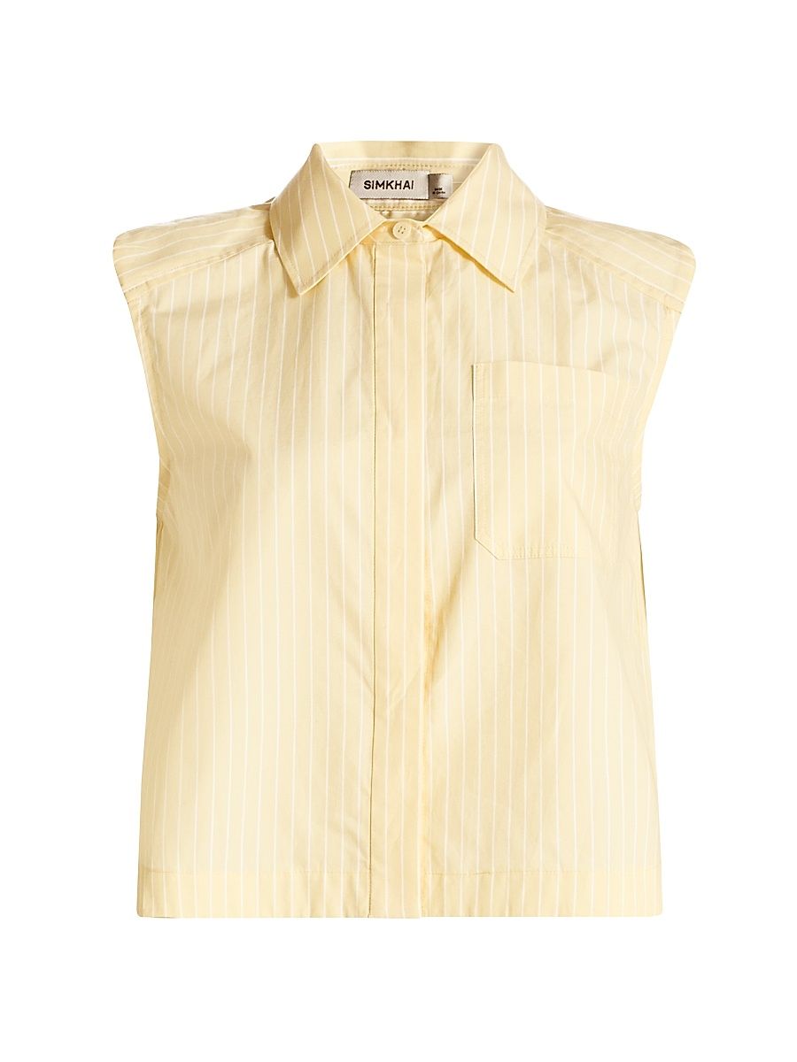 Women's Winslow Striped Sleeveless Crop Button-Front Shirt - Buttercream Stripe - Size XS