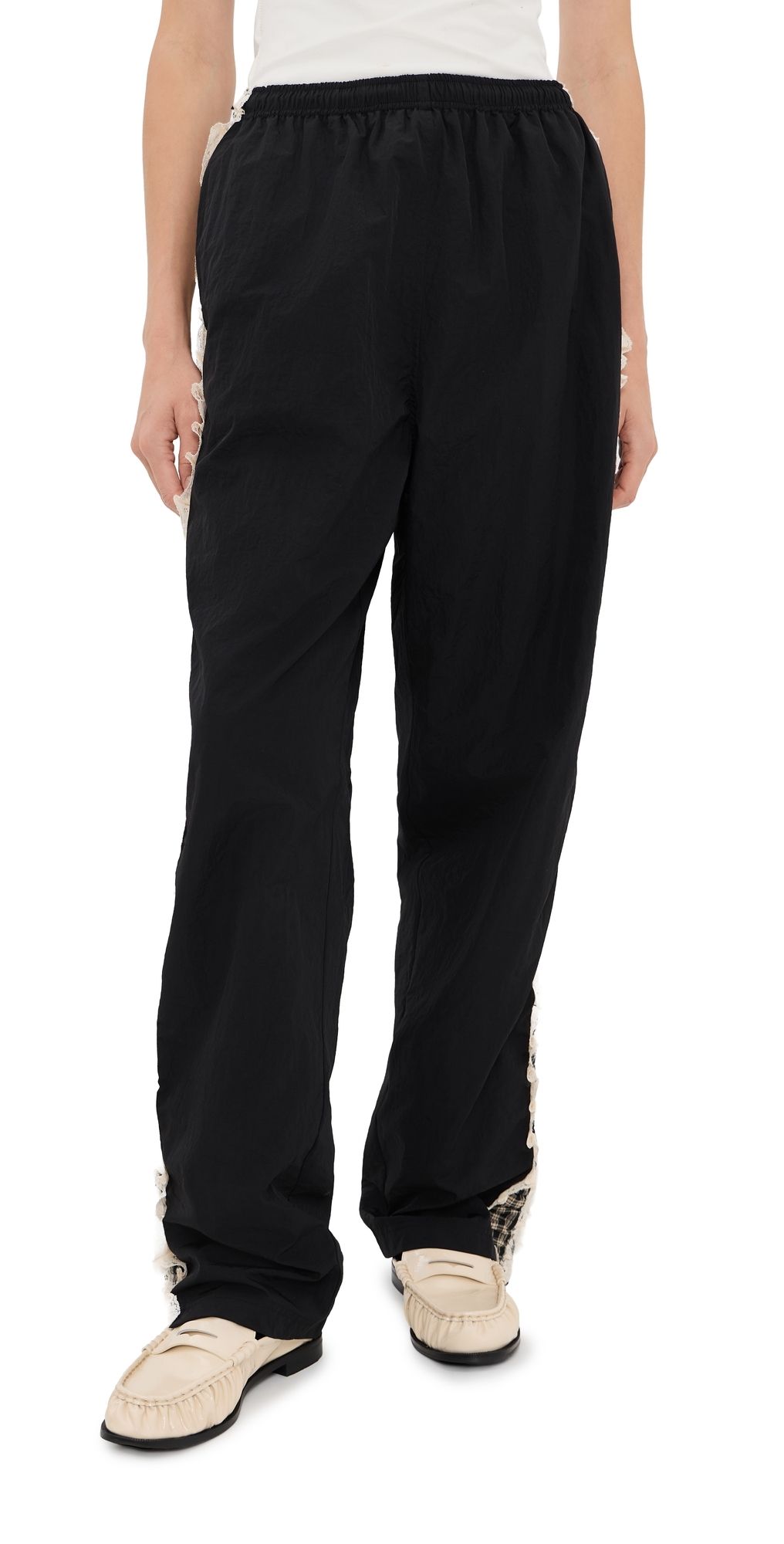 Tanner Fletcher Wilbur Ruched Stripe Windbreaker Pants Black Plaid L