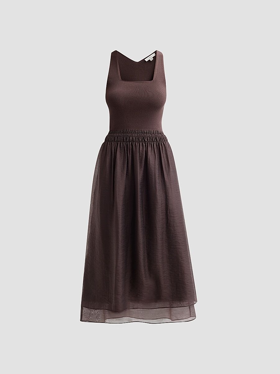 Women's Squareneck Mixed Media Midi Dress - Iron - Size Large