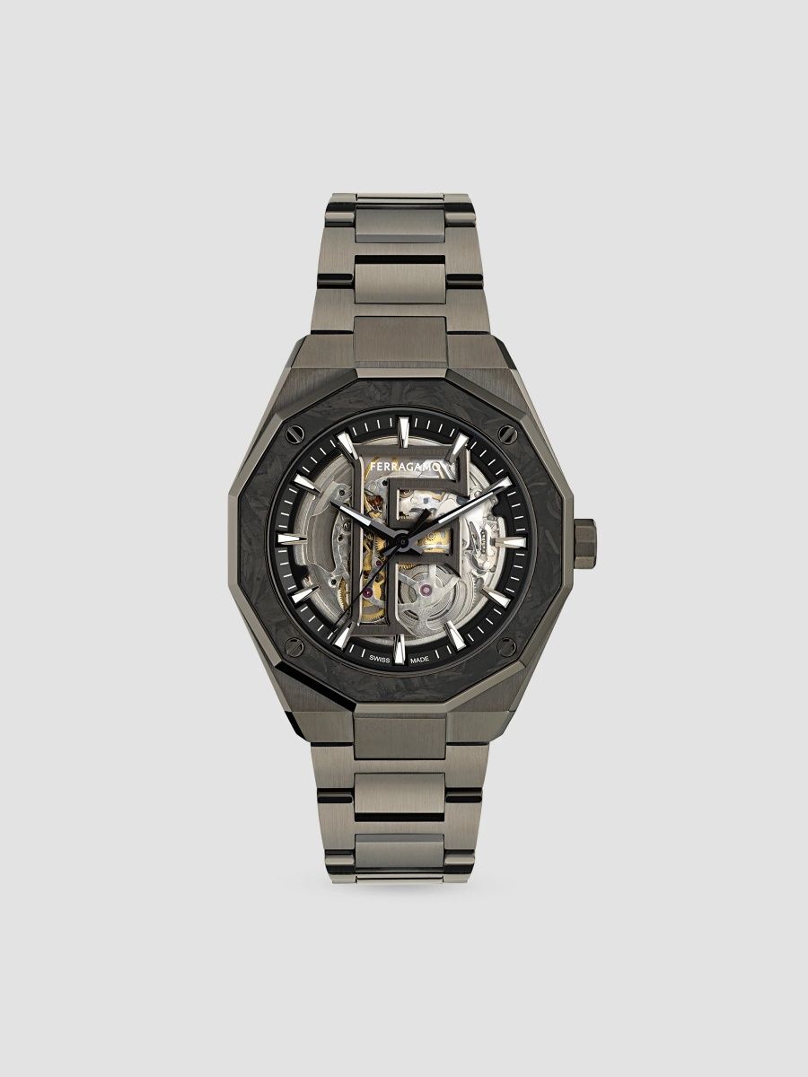 FERRAGAMO Men's Edge Skeleton Gunmetal IP & Stainless Steel Bracelet Watch/42MM - Gunmetal