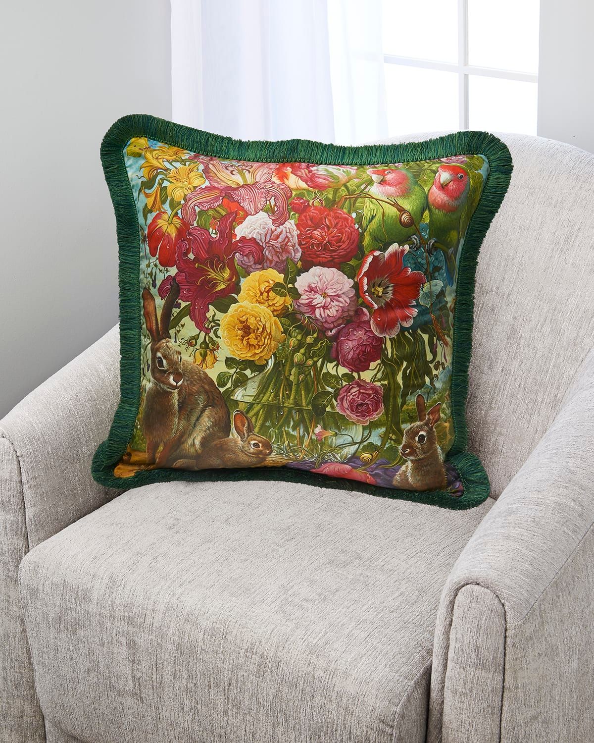 Floral with Bunnies Fringe Silk Pillow