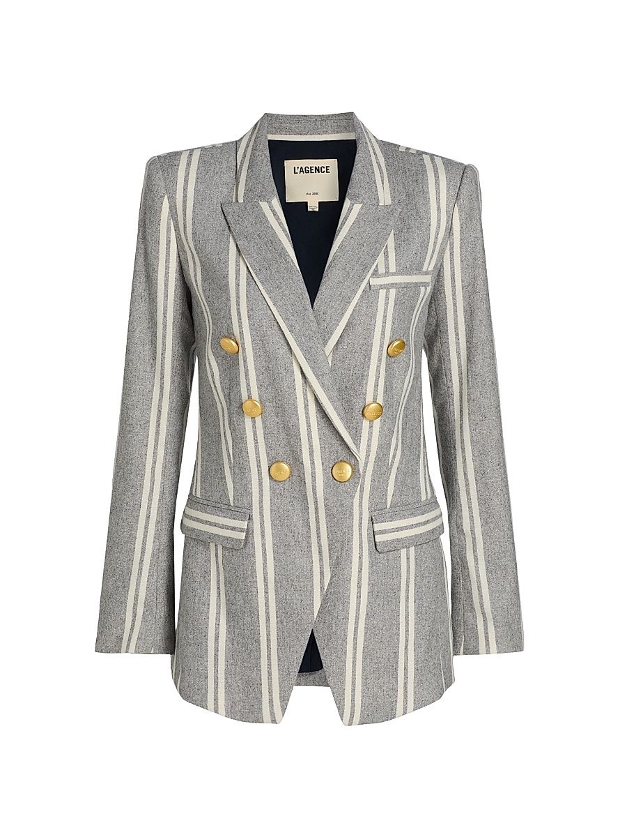 Women's Kendi Striped Wool-Blend Double-Breasted Blazer - Grey Ivory Stripe - Size 18