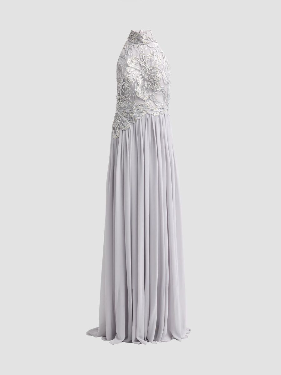 Pamella Roland Women's Sequined Floral Halter Gown - Silver - Size 2