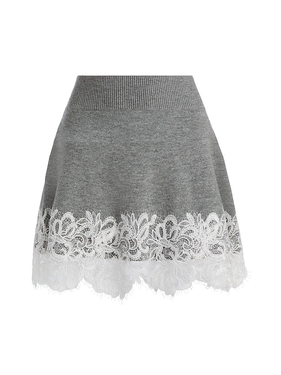 Women's Rosalind Lace-Trimmed Wool-Cashmere Skirt - Heather Grey Combo - Size Large