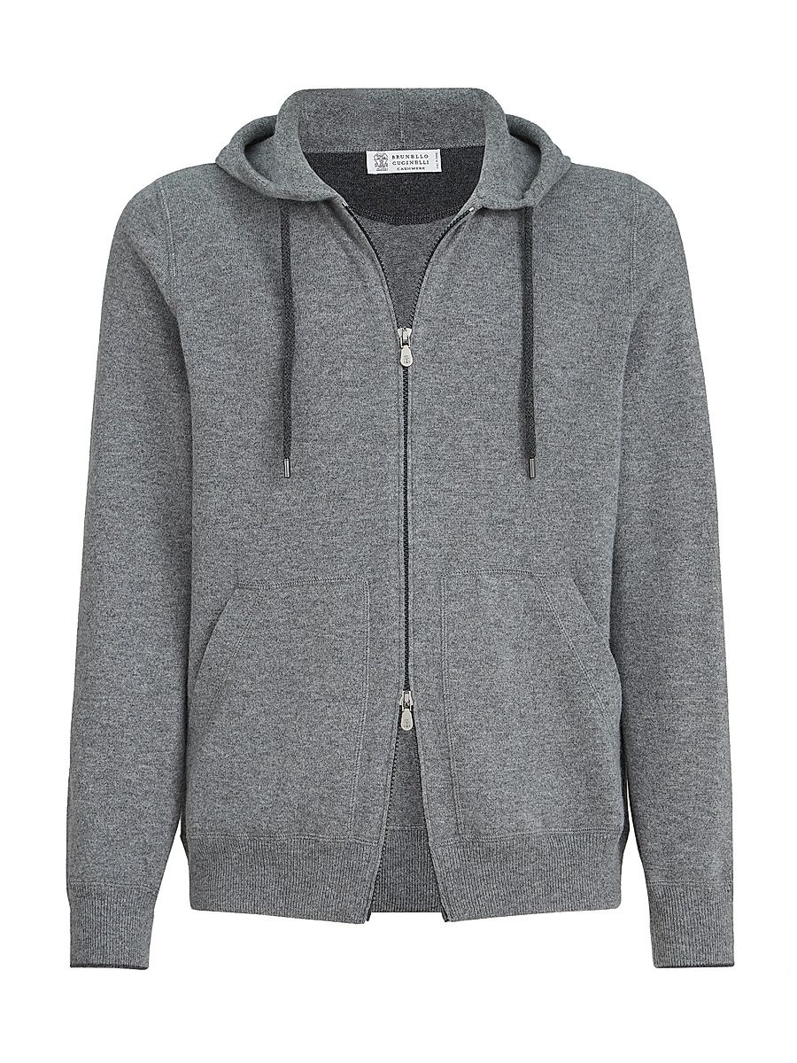 Men's Cashmere Sweatshirt Style Cardigan with Hood - Dark Grey - Size 48