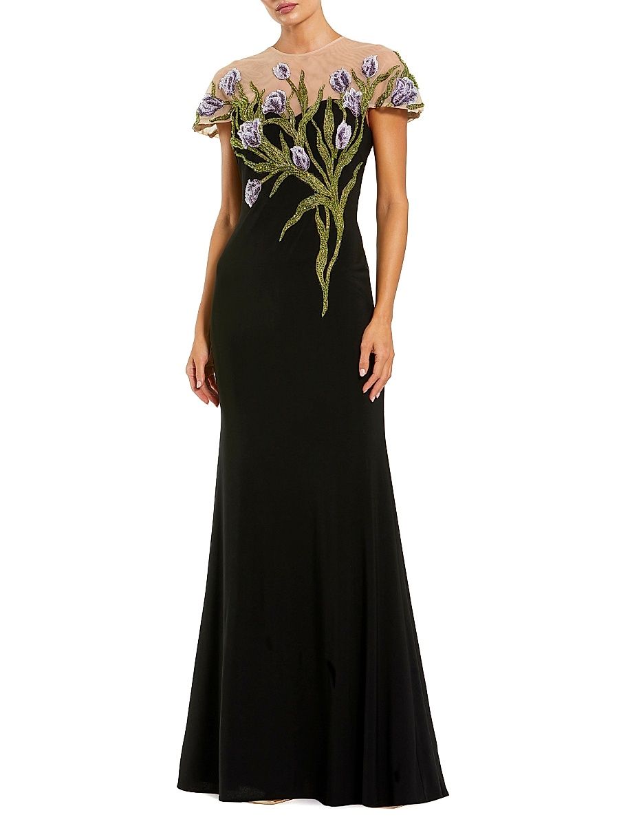Women's Petite Floral-Embroidered Illusion Neck Mermaid Gown - Black Multi - Size Petite 12