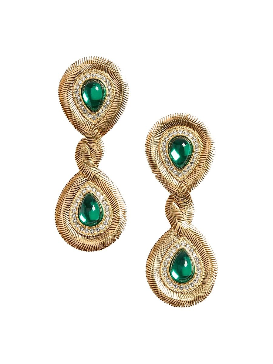 Women's Pas Plus Earrings in Metal, Resin, and Swarovski Crystals - Gold Emerald