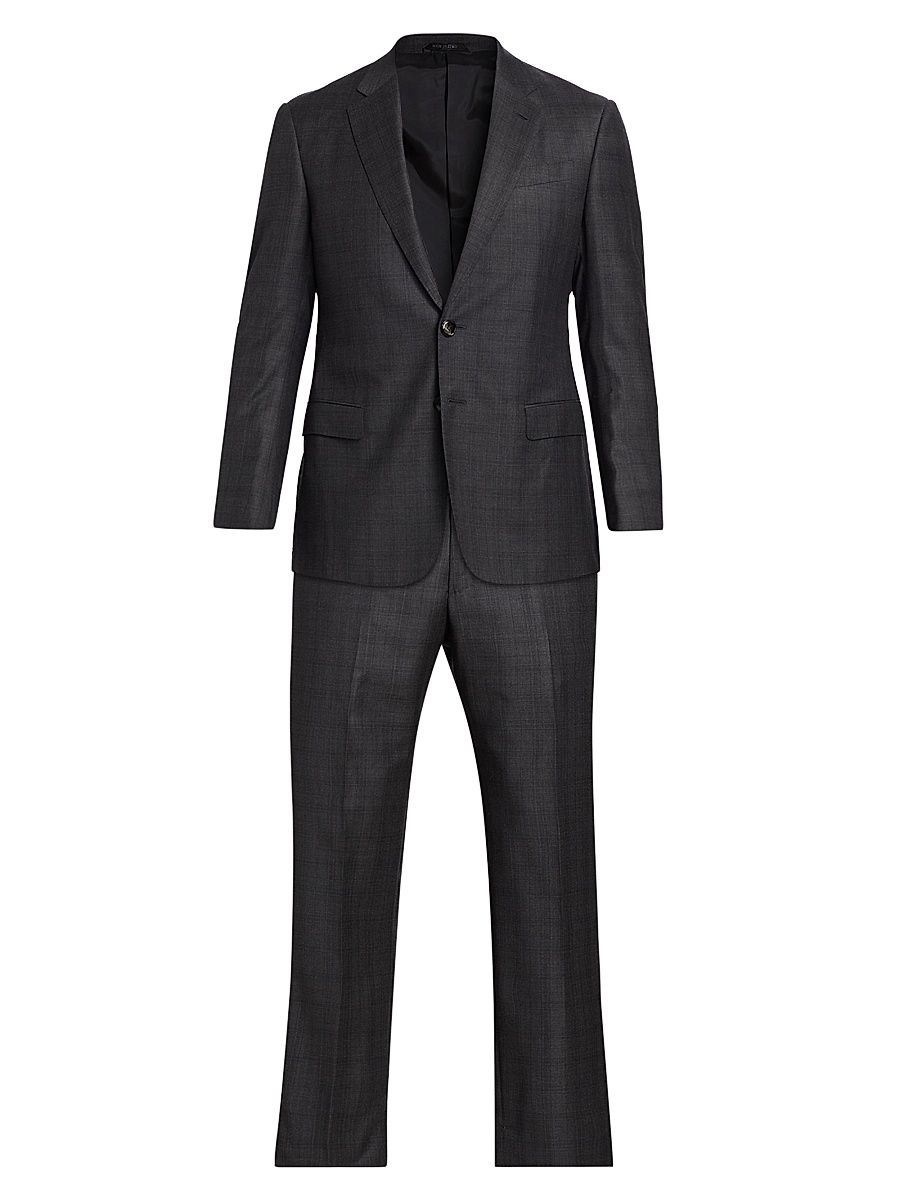 Men's Windowpane Check Wool Suit - Charcoal - Size 44
