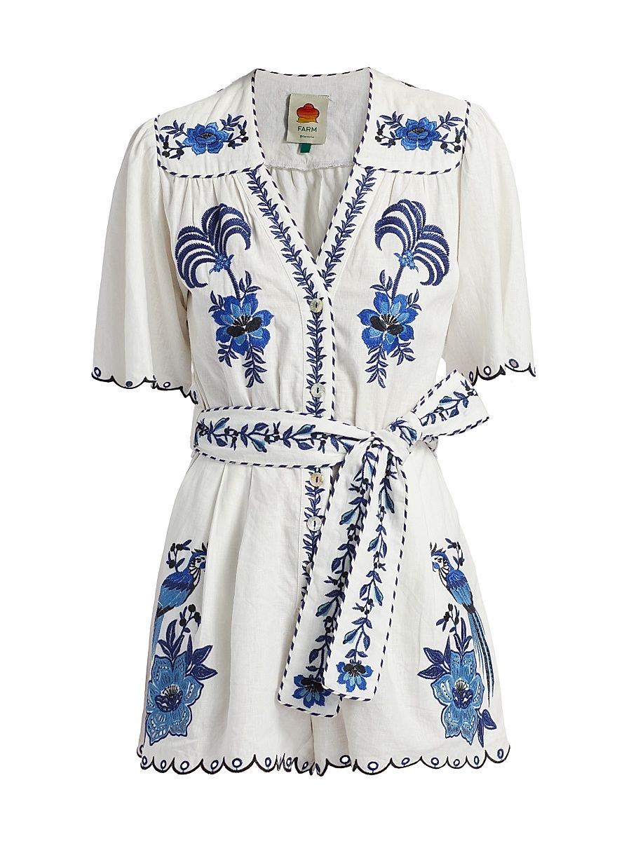 Women's Delicate Forest Embroidered Linen-Blend Romper - Off White - Size Large