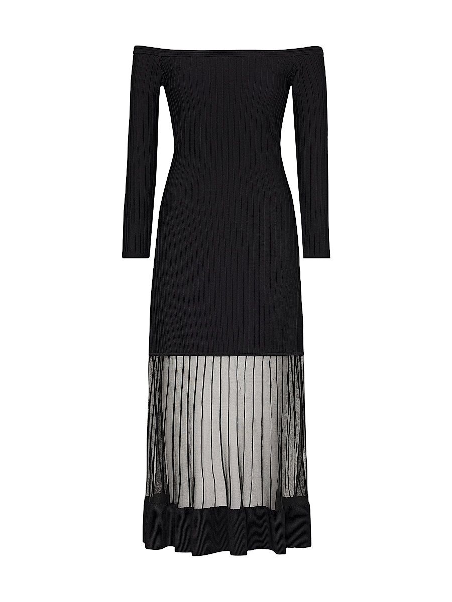 Women's Ots Sheer Knit Off-Shoulder Midi-Dress - Black - Size Large