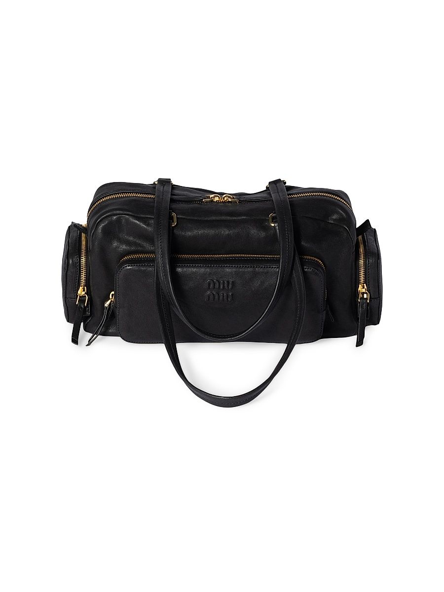 Women's Pocket Washed Nappa Leather Shoulder Bag - Black