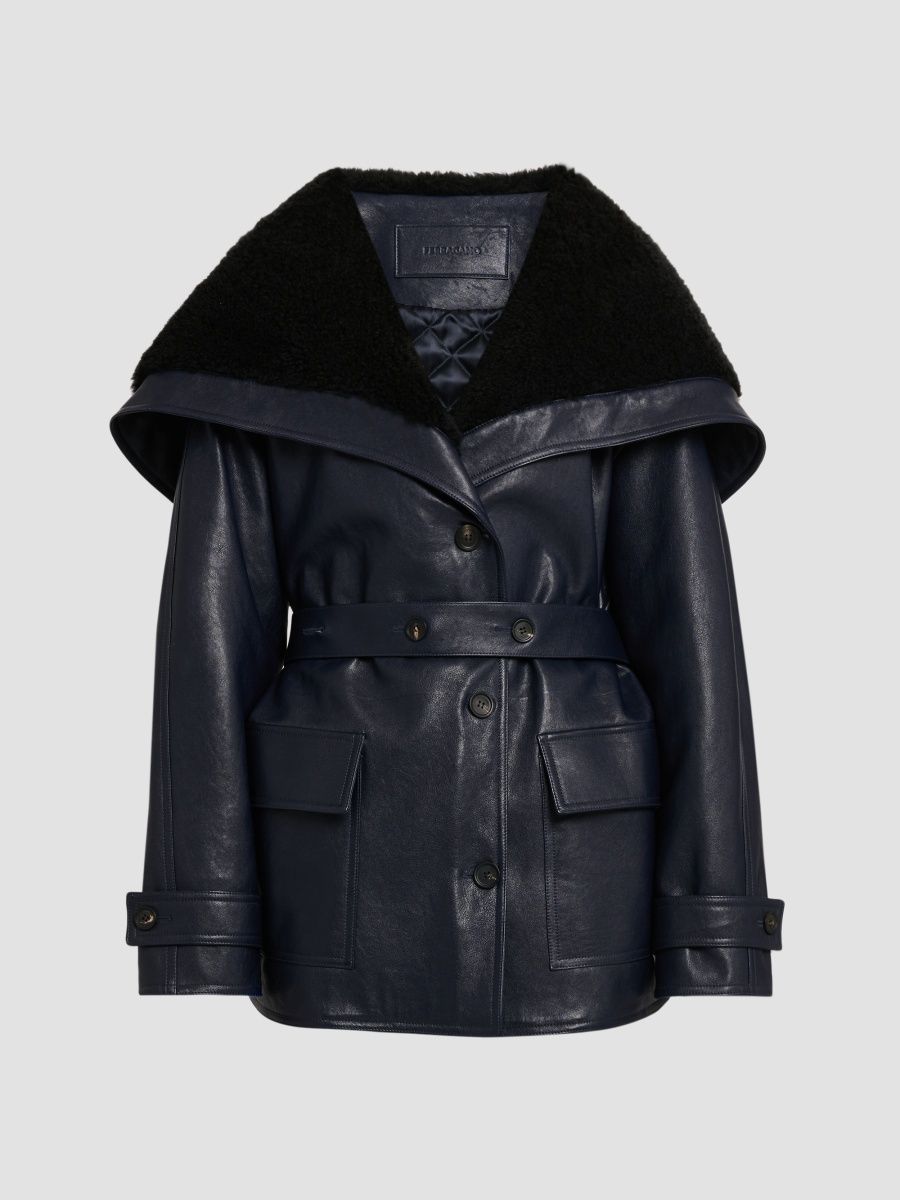 FERRAGAMO Women's Leather & Shearling Caban Coat - Navy - Size 6