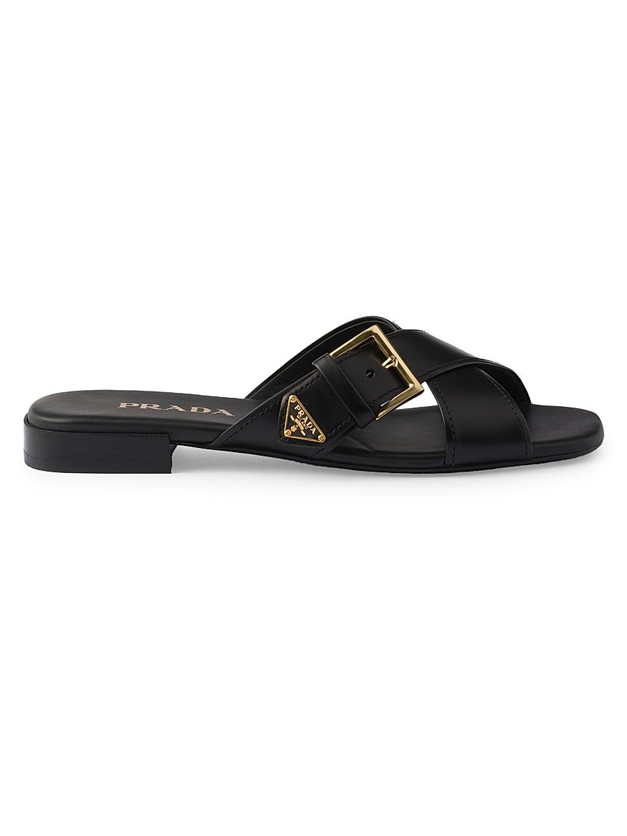 Women's Leather Crisscross Slides with Buckle - Black - Size 5.5