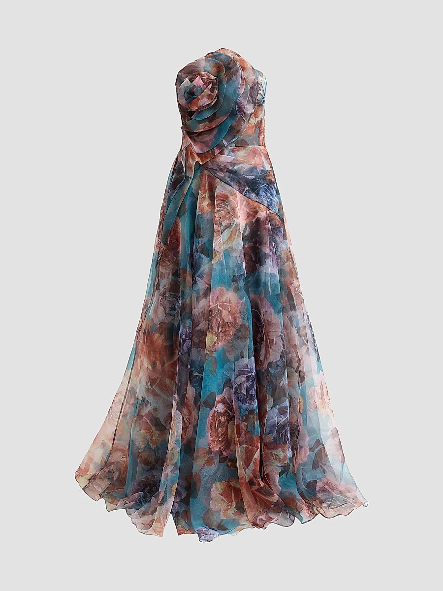Theia Women's Iona Rosette Organza Draped Gown - Elysian Field Roses - Size 16