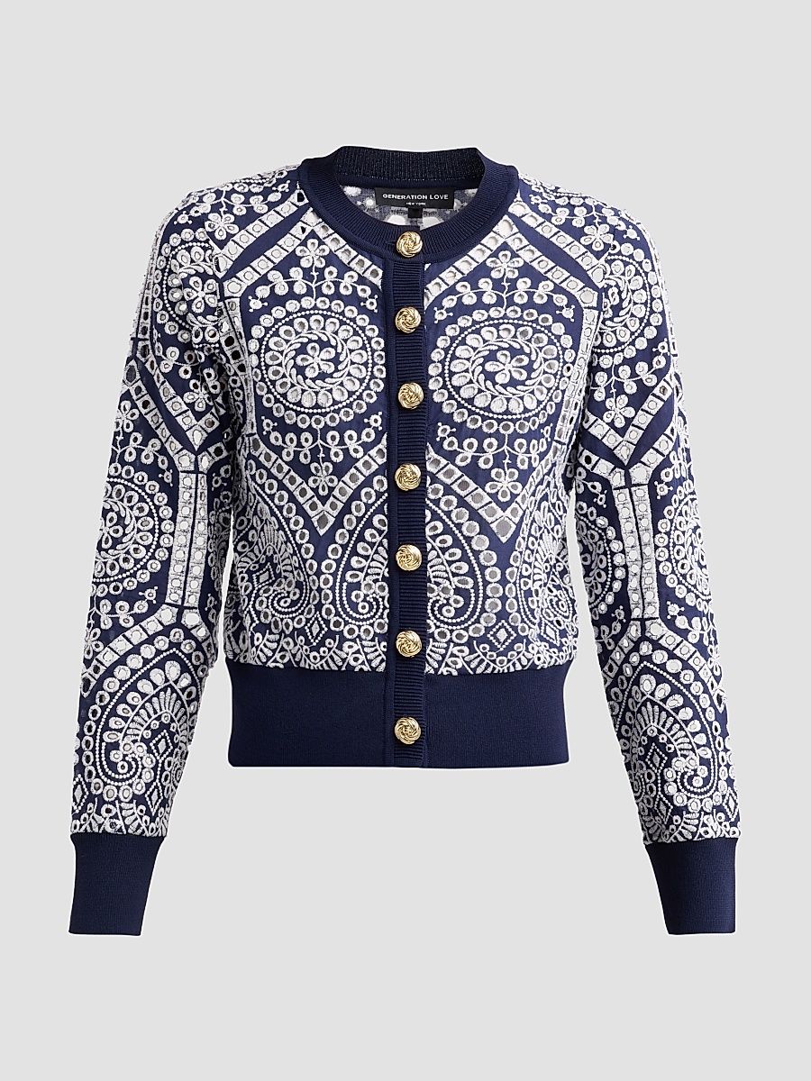 Women's Erin Cotton Eyelet Cardigan - Navy White - Size XL