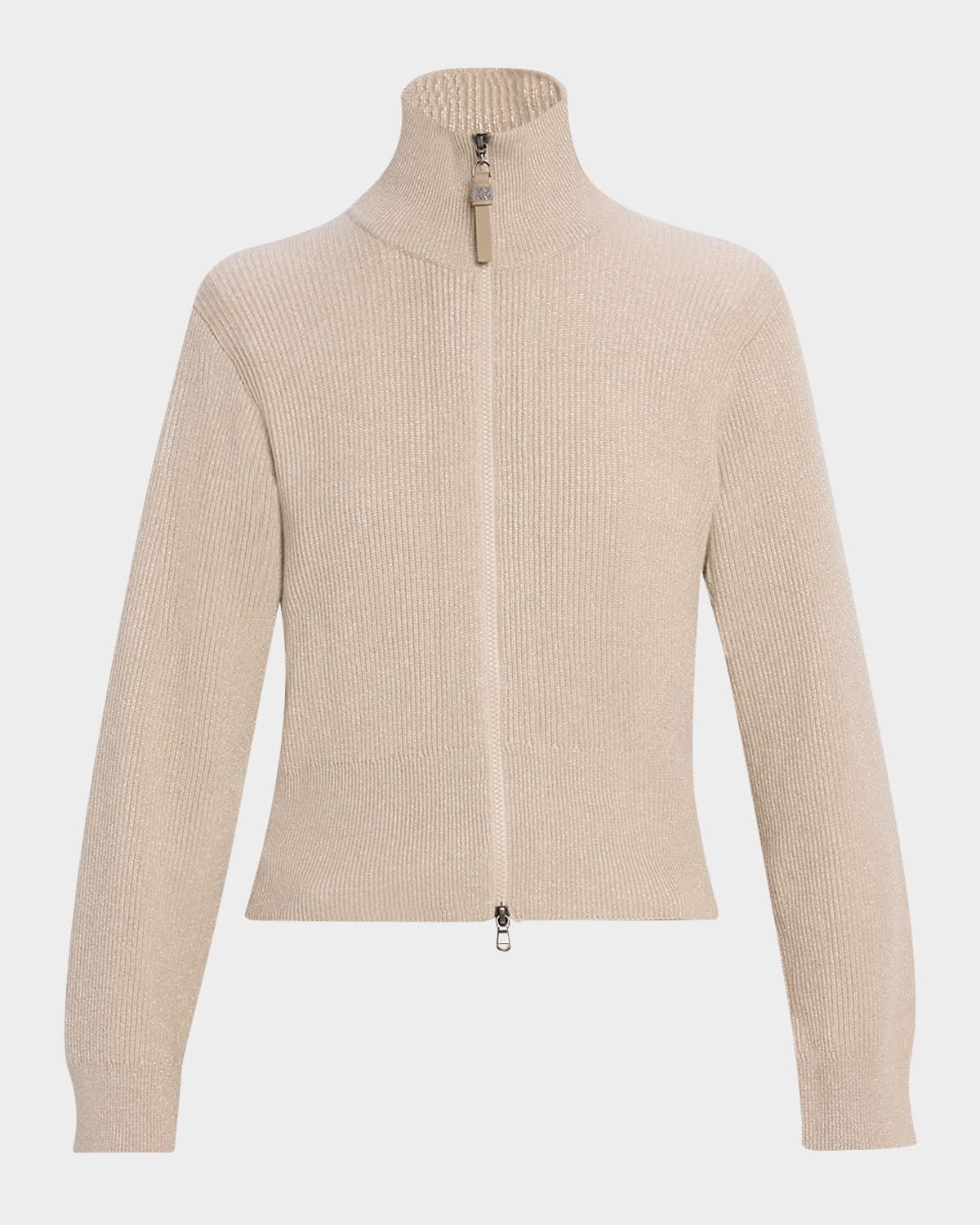 Sparkly Cashmere Rib Long-Sleeve Zip Cardigan