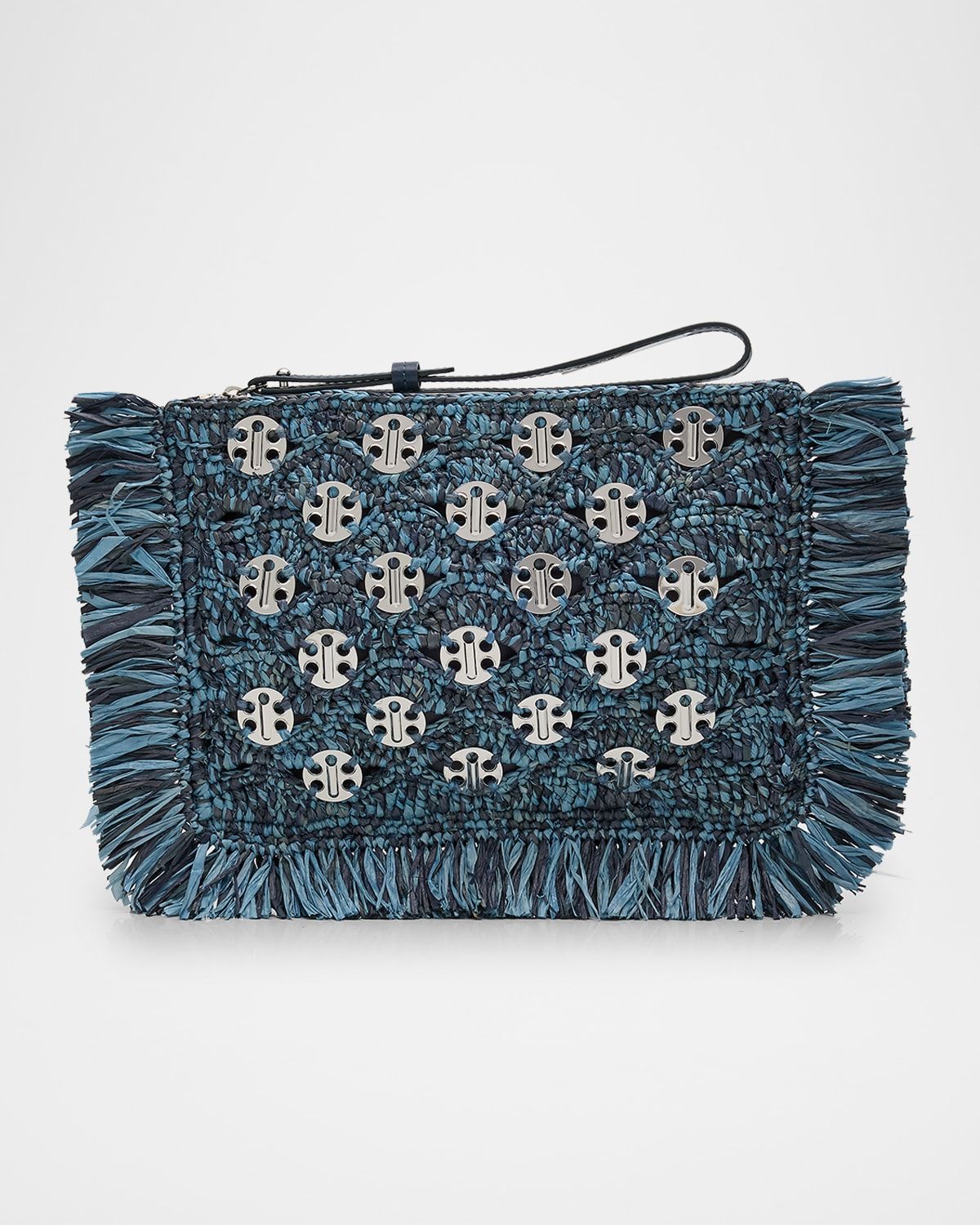 Fringed Denim Raffia Disc Pouch Bag