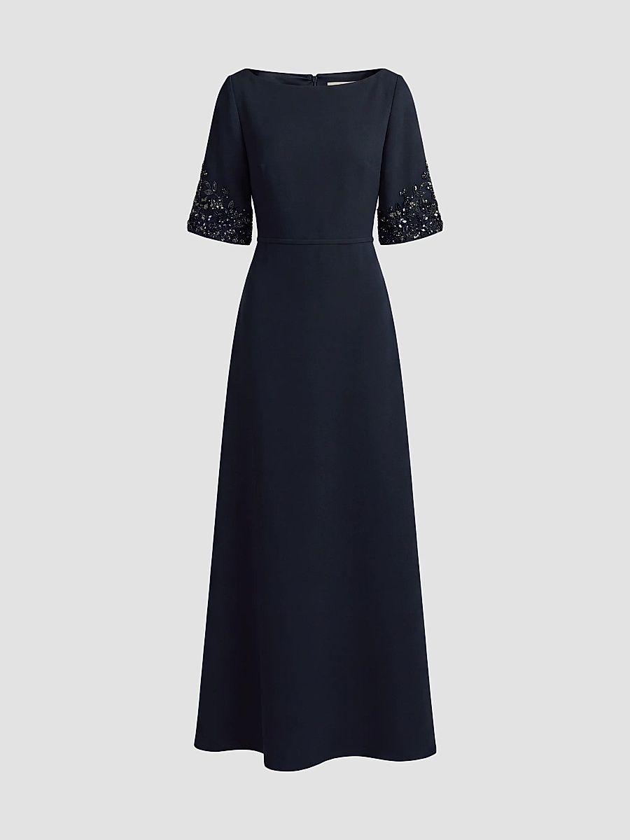 Mac Duggal Women's Crepe Beaded-Sleeves A-Line Gown - Midnight - Size 18