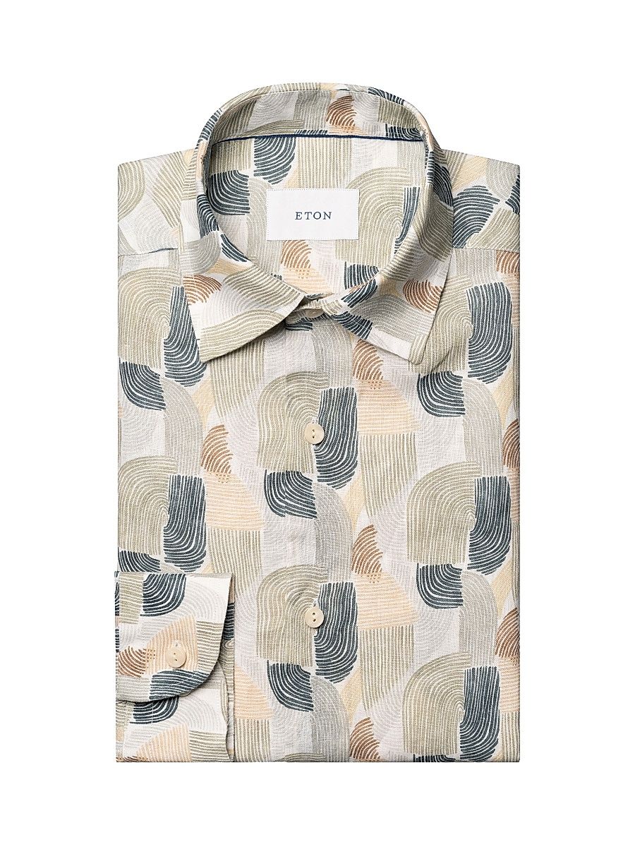 Men's Geometric Print Linen Shirt - Mid Green - Size XL