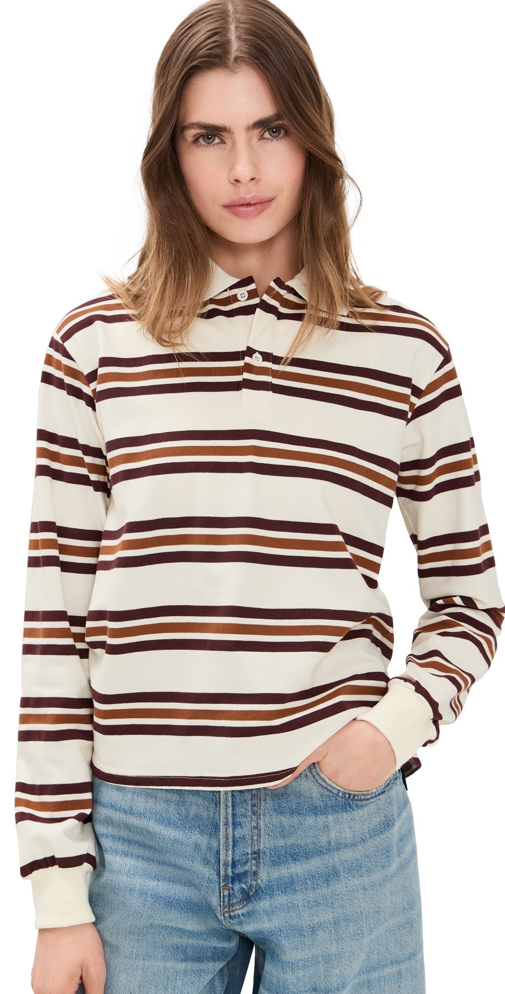 Lioness Leisure Long Sleeve Polo Coffee Stripe XXS