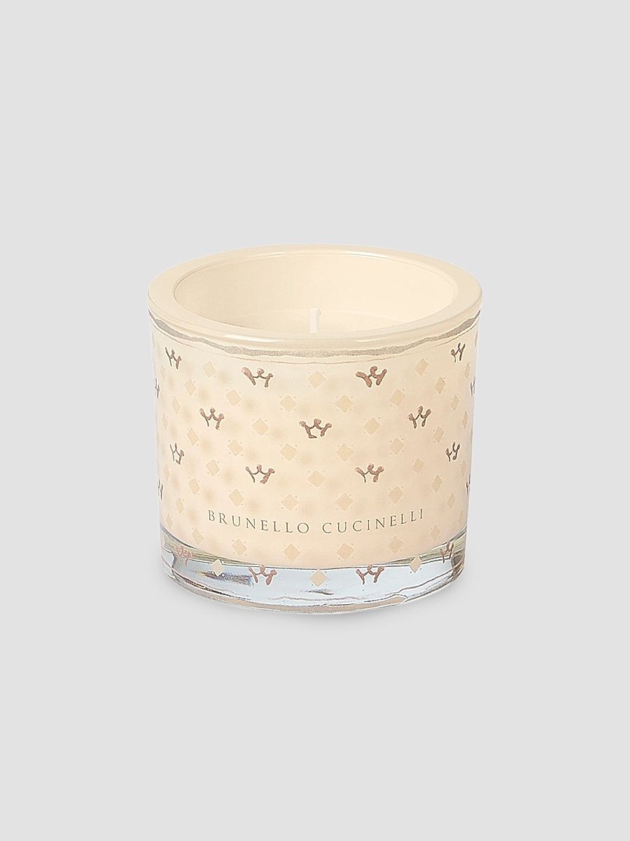 Candle in Small Glass Holder with Geometric Pattern - Milk