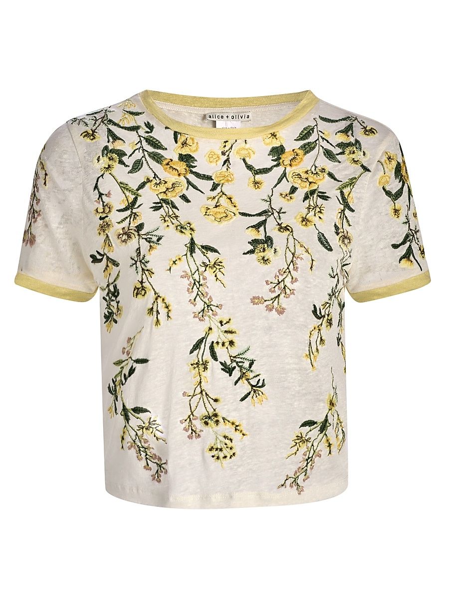 Women's Cindy Embroidered Linen Crop T-Shirt - Fresh Air Butter - Size Large