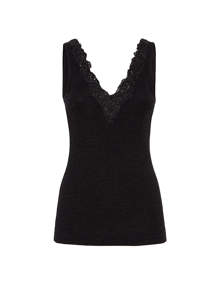 Women's Ribbed Wool Jersey Top with Wispy Lace Embroidery - Anthracite - Size XXS