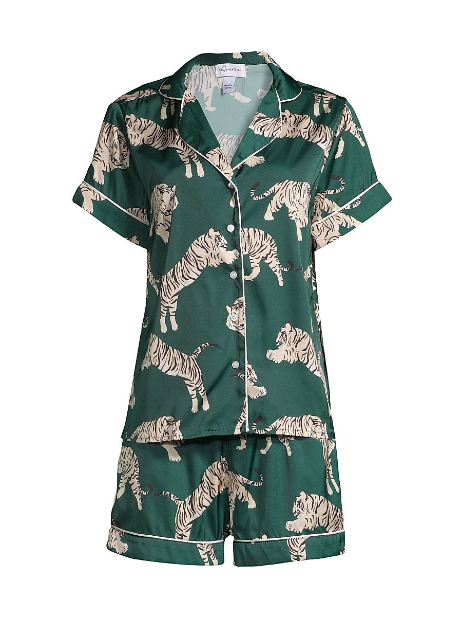 Averie Women's Two-Piece Tiger Print Shorts Pajama Set - Emerald Green - Size XL