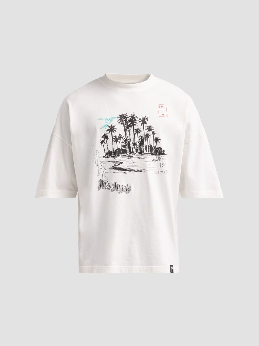 Palm Angels Men's Palm Life Cotton Loose Crewneck T-Shirt - Offwhite Black - Size XXL