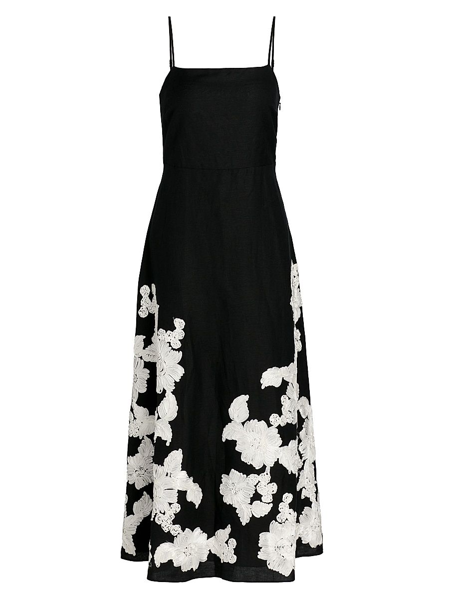 Women's Annabella Floral Embroidered Linen-Blend Midi-Dress - Black Multi - Size XS