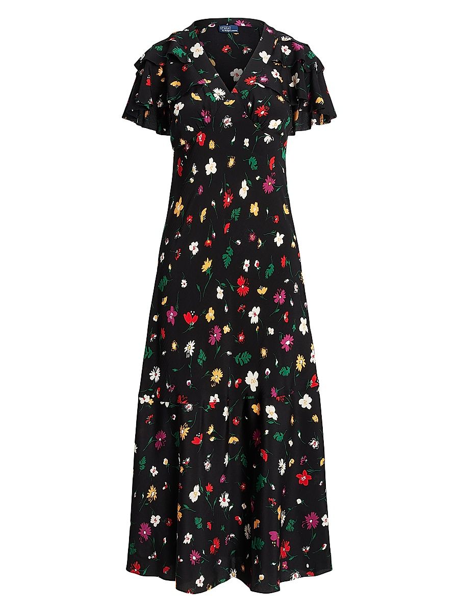 Women's Floral Silk Crêpe Midi-Dress - Whimsy Bouquet - Size 6