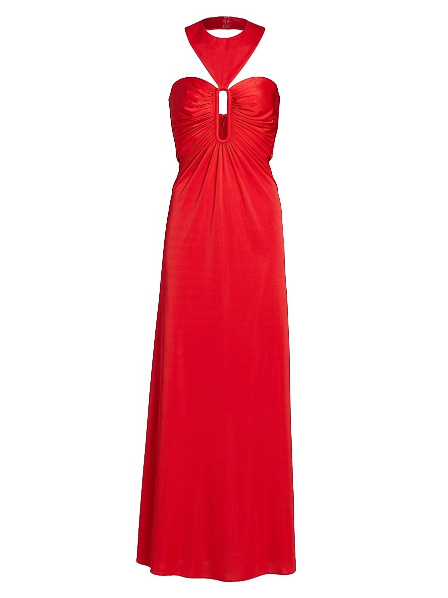 Women's Victoria Ruched Jersey Halter A-Line Gown - Scarlet - Size 8