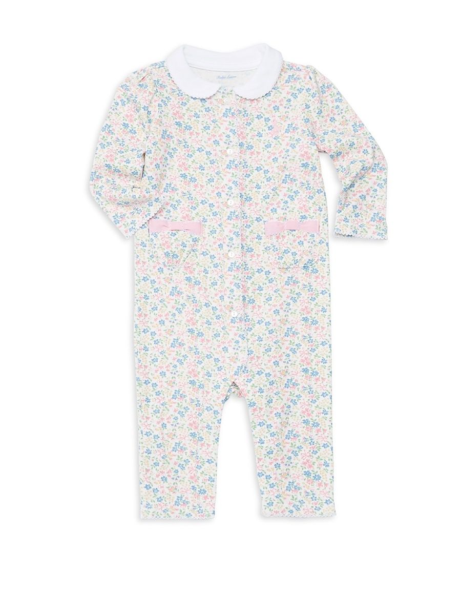 Baby Girl's Floral Print Cotton Coverall - White Multi - Size Newborn