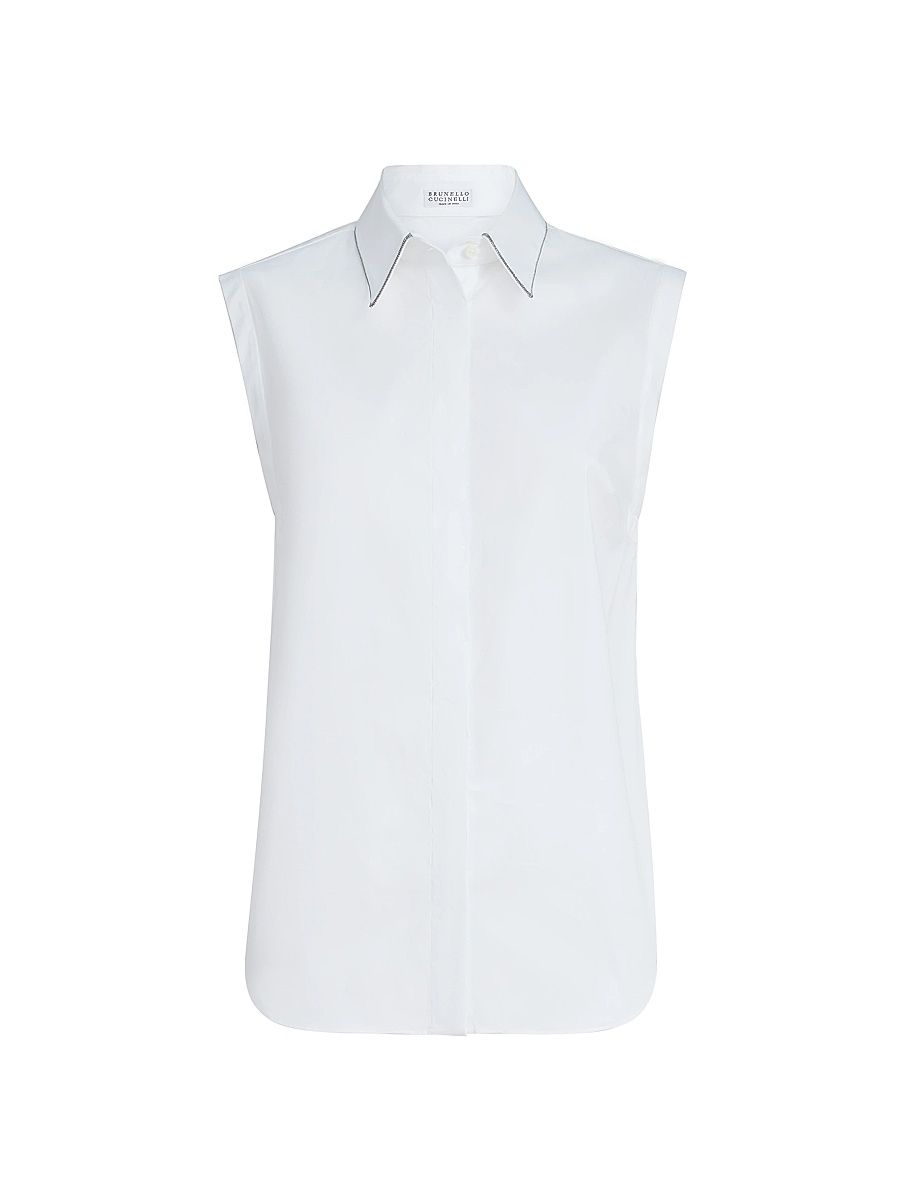Women's Stretch Cotton Poplin Sleeveless Shirt with Shiny Trim - White - Size XXXXL
